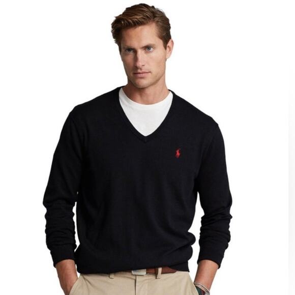 Polo Ralph Lauren Men's V Neck Pima Cotton Sweater Black Size Large Preppy EUC - Picture 1 of 11